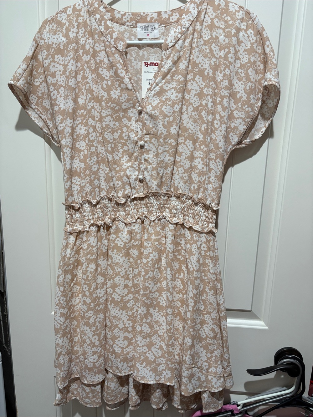 Sienna Sky Beige and White Floral Smocked-Waist Mini Dress
